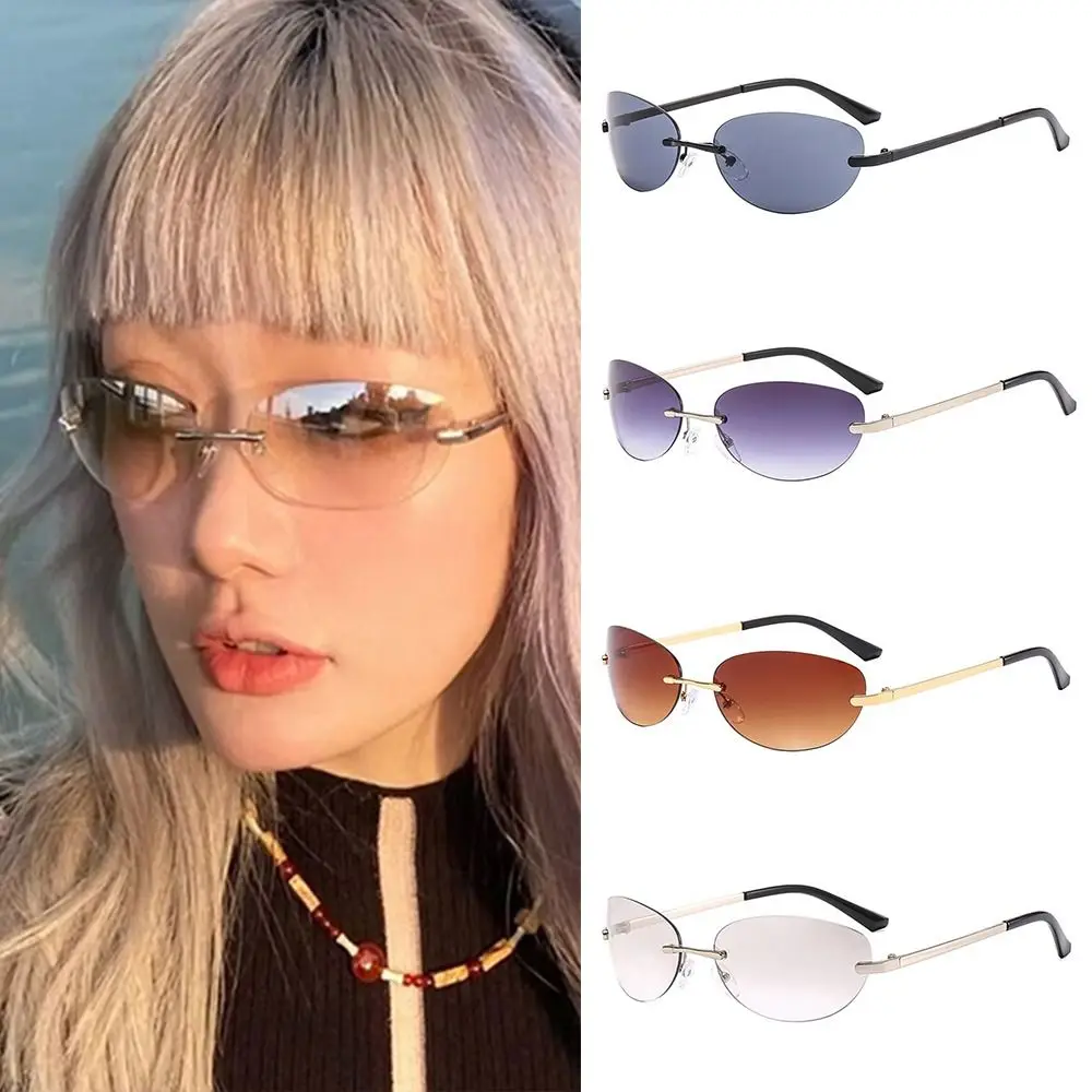 

Retro Oval Rimless Sunglasses Y2K Wrap Around 2000's Sun Glasses UV400 Futuristic Eyewear for Women & Men