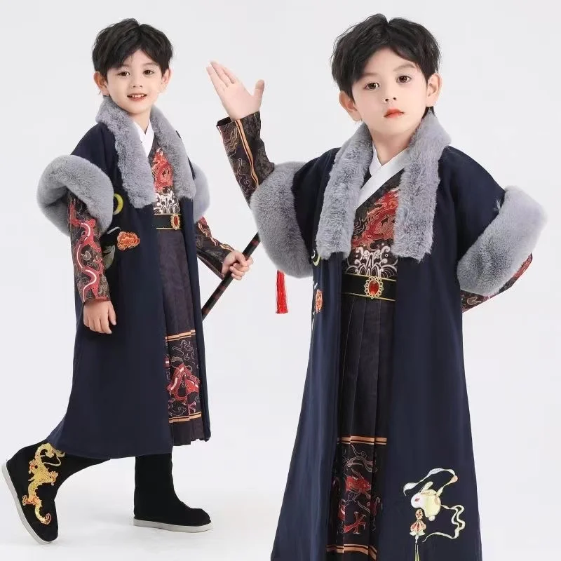 Boys Hanfu Winter Thicken Traditional Chinese Clothing Ancient Children's Dress Cloak Large Fur Collar Outfits Kids