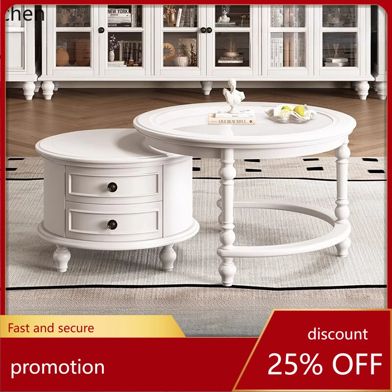 

CZ Pure Solid Wood Ivory White Round Combination Coffee Table Living Room Coffee Desk