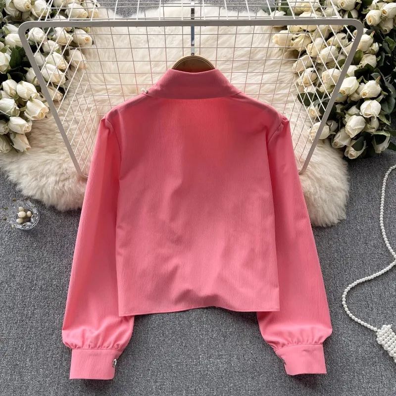 Neploe Heavy Diamond Lapel Neck Blouses Y2k Slim Fit Fungus White Shirts Women 2024 Spring New Long Sleeve Bluson Mujer