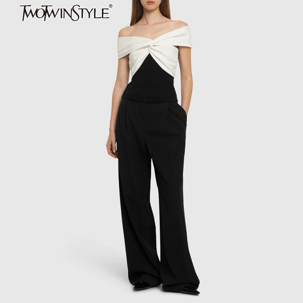 

TWOTWINSTYLE Комплекты из двух предметов для женщин с разрезом на шее и открытыми плечами, цветной блок, меховой топ, широкие брюки с высокой талией, женский комплект