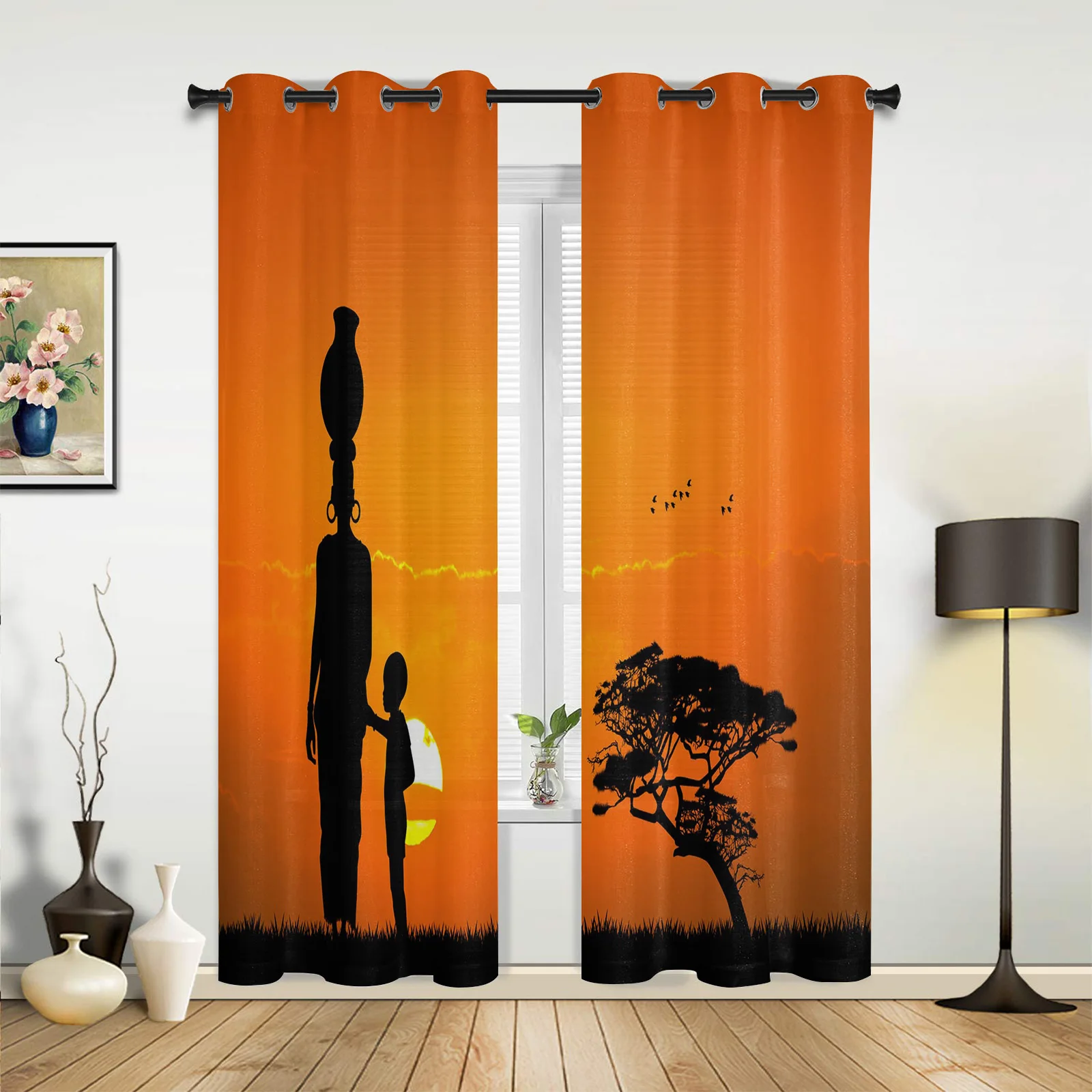 Women Child Dusk Sunset Asuka Tree Window Curtains In The Living RoomKitchen Window Curtains Hotel Printed Drapes 