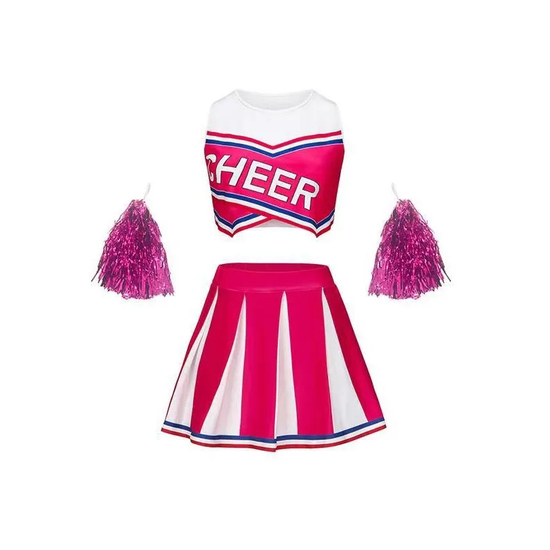 Cheerleading Uniform Sleeveless Crop Top Pleated Skirt Set Free Bonus Lace Flowers & Socks For Sports Competition Halloween view 3