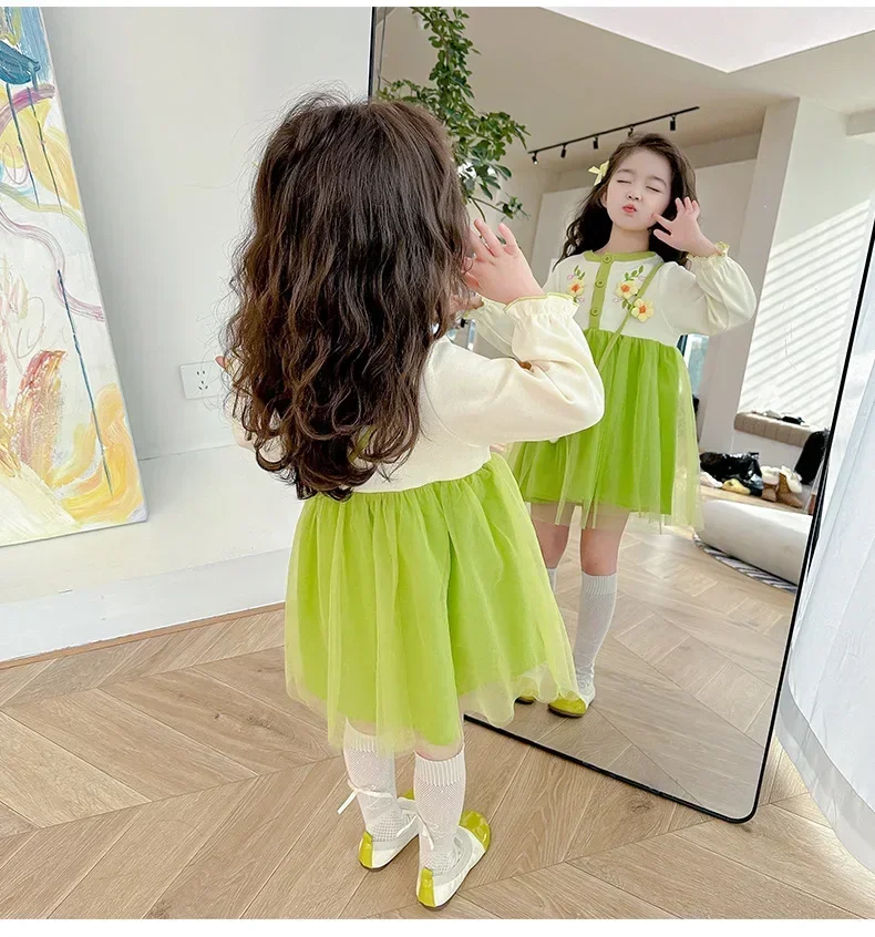 (0-3 Years Old Girls) Autumn/Winter New Girls Dress Long Sleeve Suspenders Fake Two Embroidered Floral Crossbody Bag Mesh