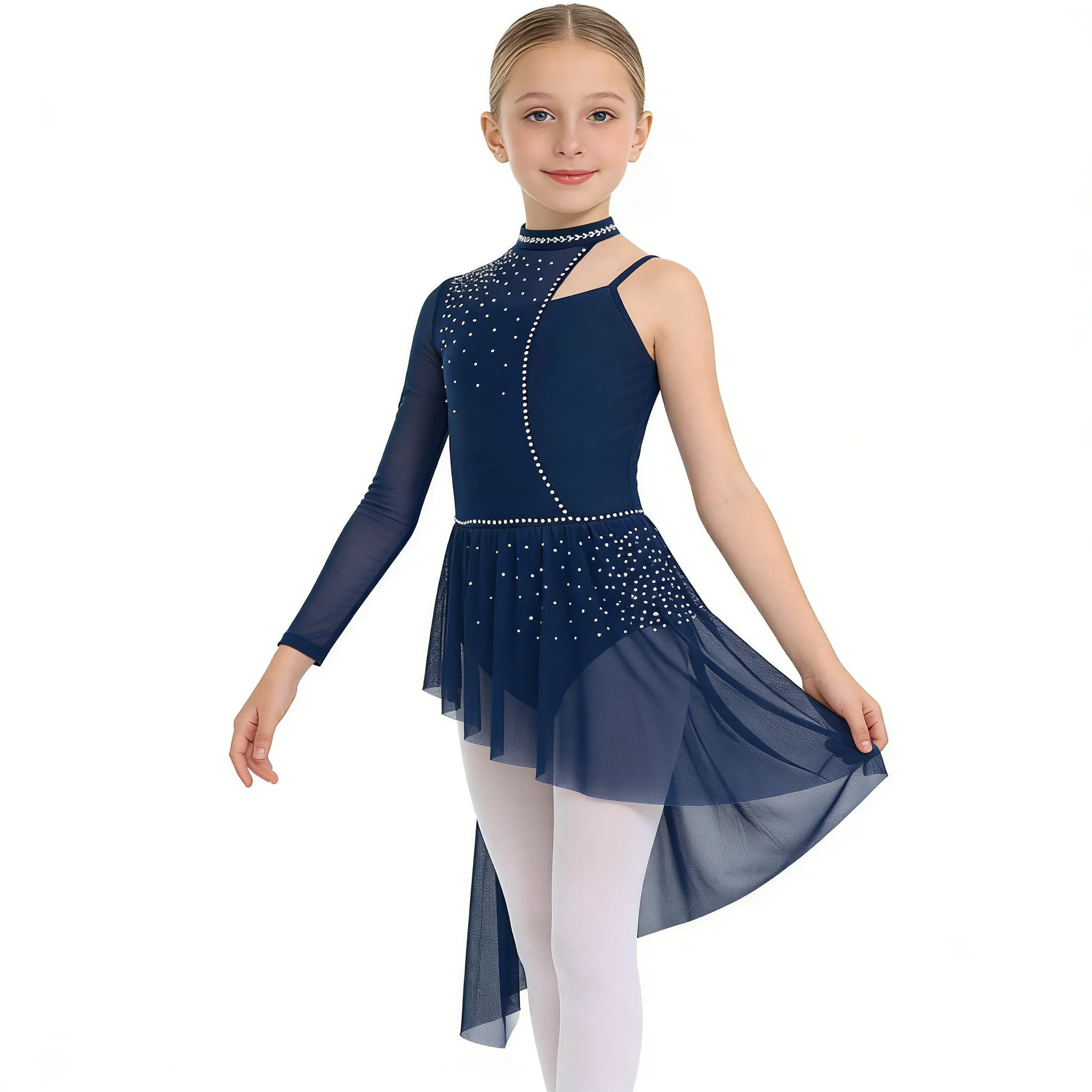 Kids Girls Modern Lyrical Dance Performance Costume Rhinestone Mesh Figure Skating Gymnastic Acrobatics Ballet Leotard Dress