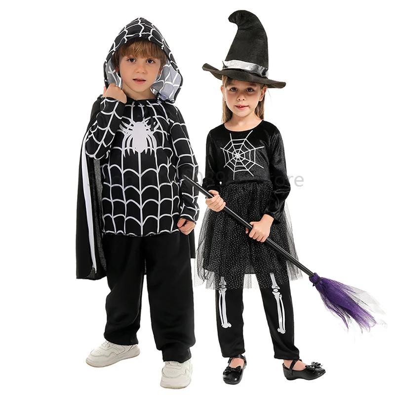 

2025 New Children Boys Spider Web Cloak Spider Shirt Fancy Dress Costume Girls Dark Spider Witch Halloween Costume