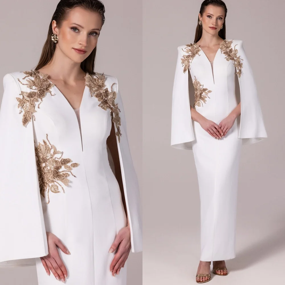 

Customized Formal White Jersey Homecoming Dresses Temperament V-Neck Evening Dresses High Quality Special Occasion Gowns