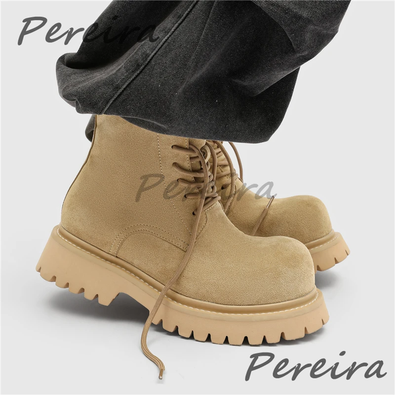 Thick Soled Big Round Toe Motorcycle Boots Spring Autumn New Retro Versatile Men's Lace-Up Short Boots Trendy Casual Shoes