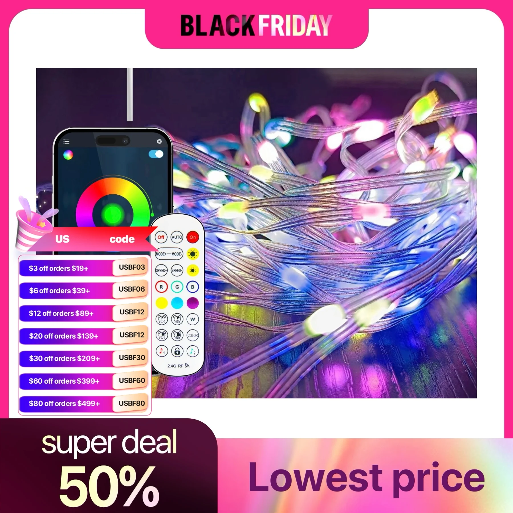 USB LED Strip Lights Bluetooth APP Control Smart Christmas String Light RGB Color Changing IR 2.4G Remote for Home Decoration