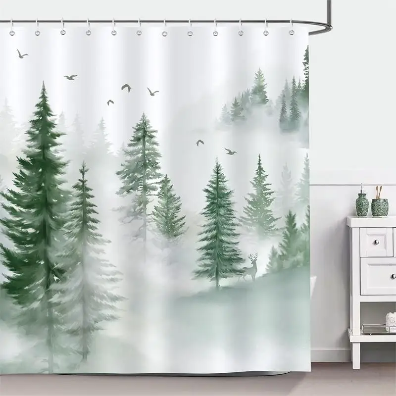 Winter Pine Tree Shower Curtain Deer Red Bird Snowy Forest Christmas Holiday Bathroom Decor Bath Curtains Polyester with Hooks