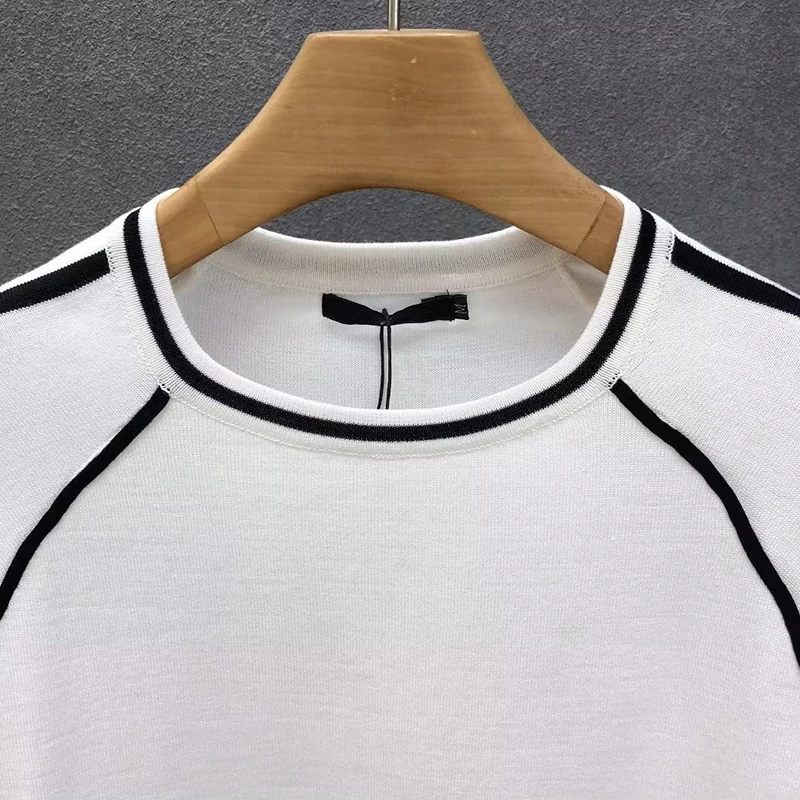 Irregular Lines Herren-Strick-T-Shirt, Sommer, Schwarz, Weiß, Kontrastfarbe, Rundhalsausschnitt, kurze Ärmel, atmungsaktives Strick-T-Shirt – Detail 18
