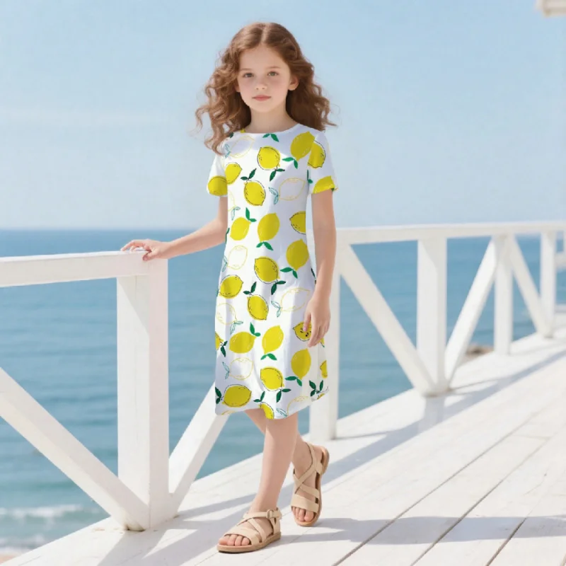 

2025 Girls' Summer Lemon Print Short-sleeve Dress, a Cute and Breathable Children's Dress