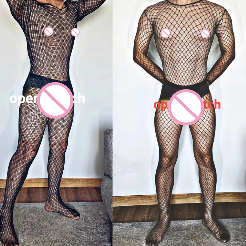 Plus Size Men's Black Sexy Lingerie Fishnet Body Stockings Male Underwear Exotic Lingerie for Man Open Crotch Transparent Tights - view 2