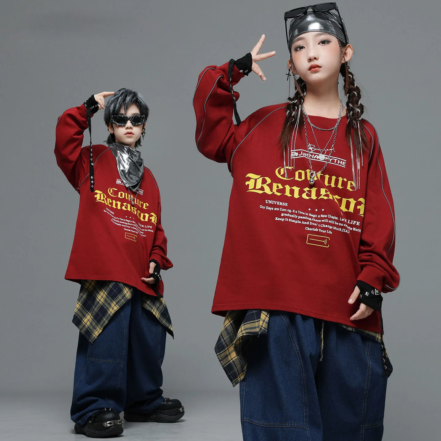 Kind Kpop Hip Hop Kleidung Grün Rot Buchstaben Sweatshirt Denim Blau Baggy Jeans Hosen für Mädchen Junge Street Dance Kostüme Kleidung