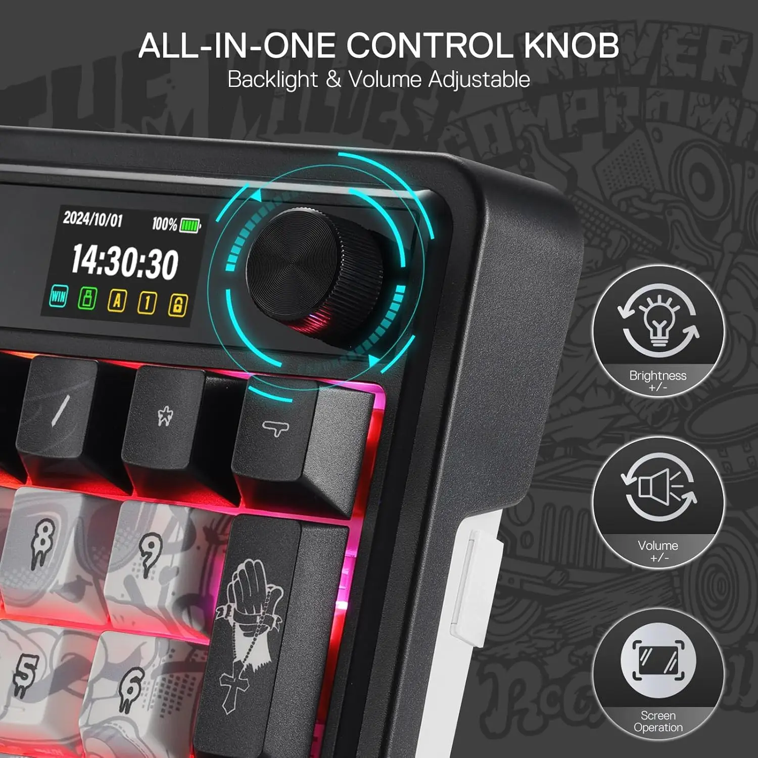 شاشة ومقبض للألعاب اللاسلكية Redragon 719 PRO، لوحة مفاتيح ميكانيكية 95 مفتاحًا، شاشة عرض معلومات TFT سهلة التحكم 1.14 بوصة