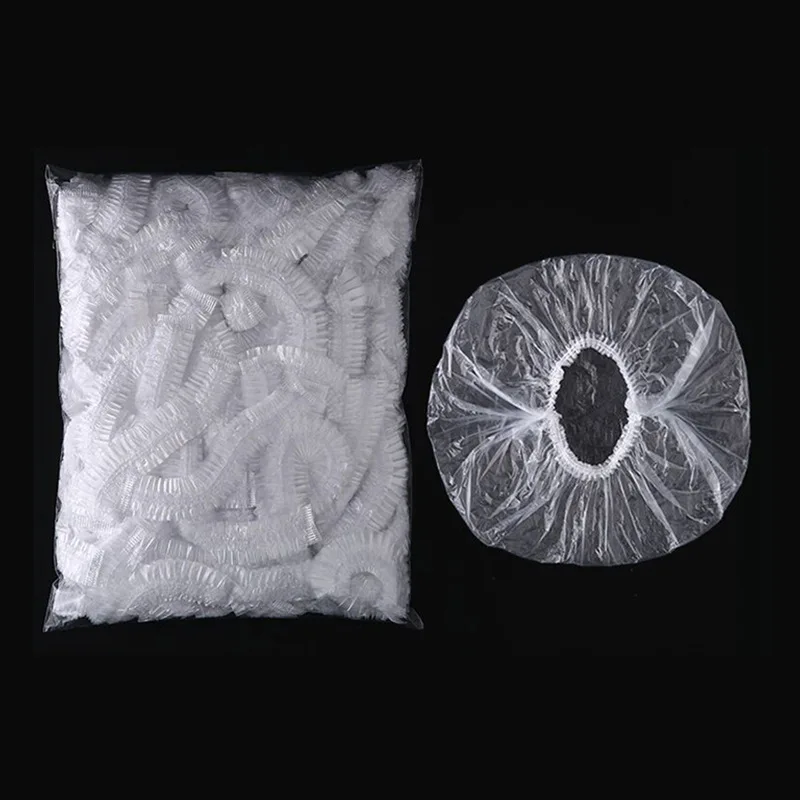 

Одноразовые пластиковые водонепроницаемые головные уборы 100 шт., головной убор для окрашивания волос в отеле, прозрачные пластиковые головные уборы для салона красоты