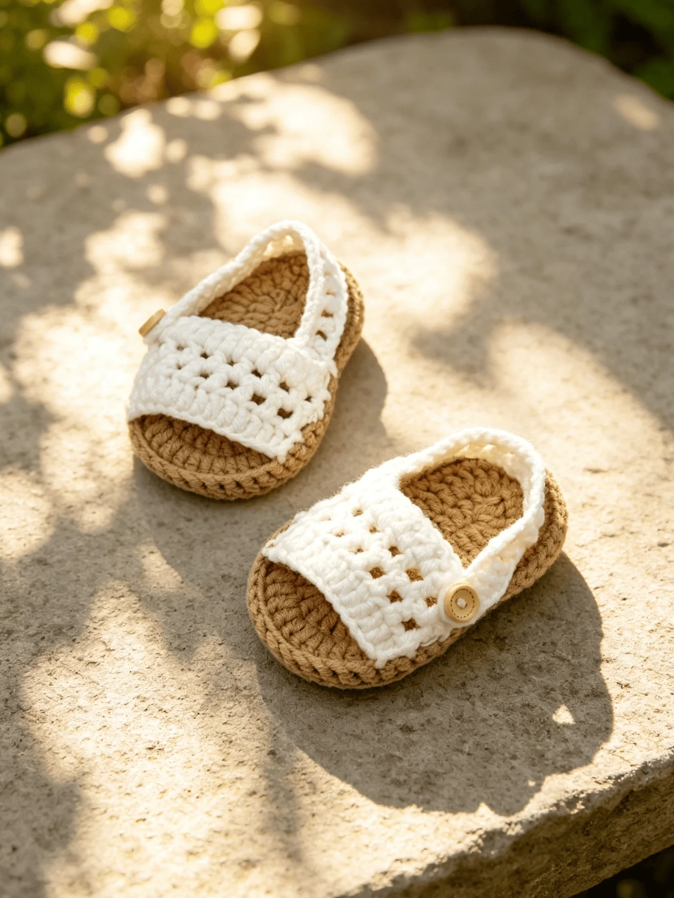 1 Pair Handmade Crochet Baby Sandals, Tan and White, Button Closure, Infant Booties