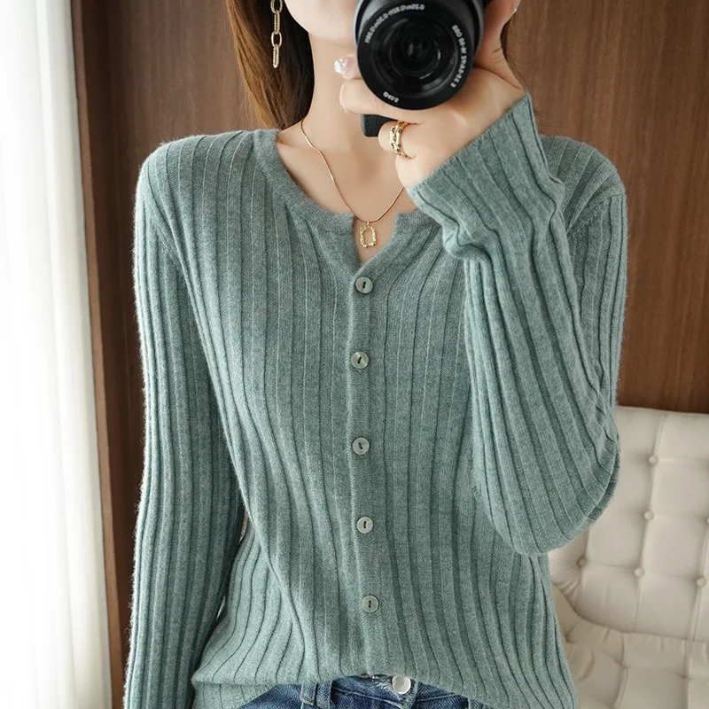 Women's Pit Stripe Design Stretch Cardigan Vintage Simple Single Breasted Slim Sweaters Round Collar Solid Long Sleeve Knitwear