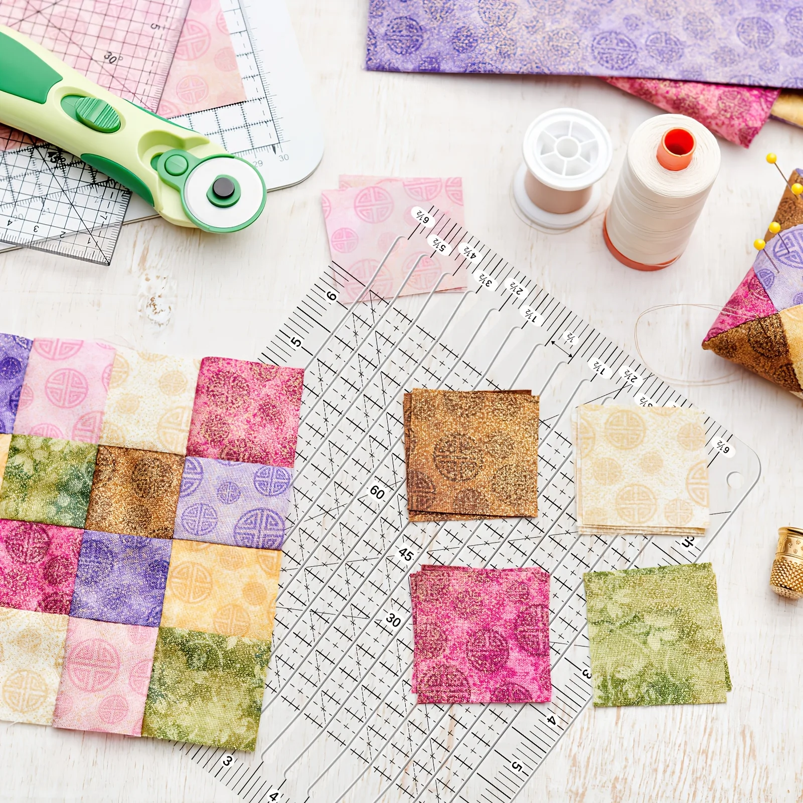 1 Stück Quilting-Lineal mit Doppelskala-Gitter - Geeignet für Nähschablonen, Nähwerkzeuge zum Schneiden von Stoffen, Quilten, Patchwork – Detail 3