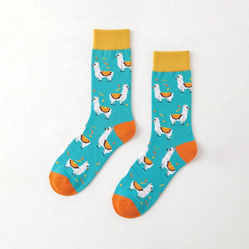 1 Pair, Unisex, Lake Blue Background with White Alpaca Pattern, Yellow and Orange Color-Blocking Heel and Toe, Polyester, Breathable, Fun, Mid-Calf Socks, Suitable for Everyday Wear