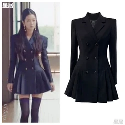 Kpop-vestido plisado para mujer, blazer Sexy negro para baile de cantante coreano, ropa de baile de Jazz, trajes de concierto, traje de escenario, ropa de Festival