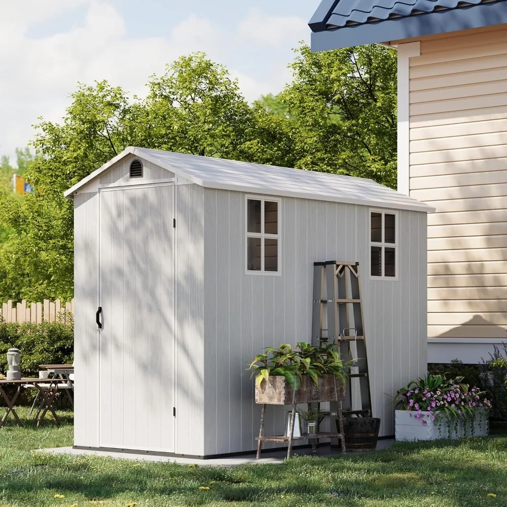 

4' x 8' Outdoor Storage Shed with Floor, Plastic Shed Outside Resin Tool Shed with Two Windows and Lockable Door