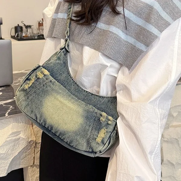 

​ ​ 2025 женская джинсовая сумка через плечо, большая вместительная повседневная сумка на плечо, стильная универсальная студенческая сумка для книг для школьных путешествий ​