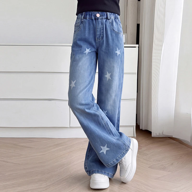 Kids Autumn Straight Fit Blue Jeans with Stars for Tween Girls Age 5 6 7 8 9 10 11 12 13 14 Years Old Kids Stylish Denim Pants