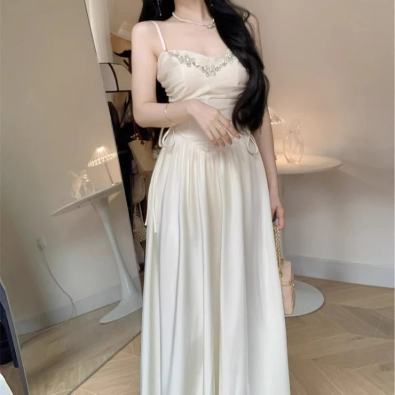 HOUZHOU Elegant Evening Party Dresses for Women White Long Sleeveless Bodycone Dress Korean Midi Vintage Sweet Dress Chic