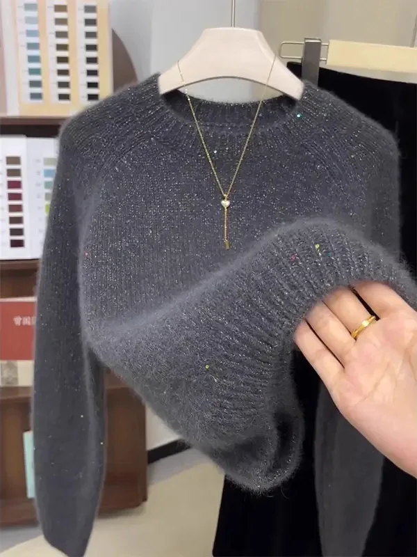 

Зимний женский свободный вязаный свитер 2025 года с круглым вырезом, с пайетками, в корейском стиле, облегающий, дышащий, мягкий