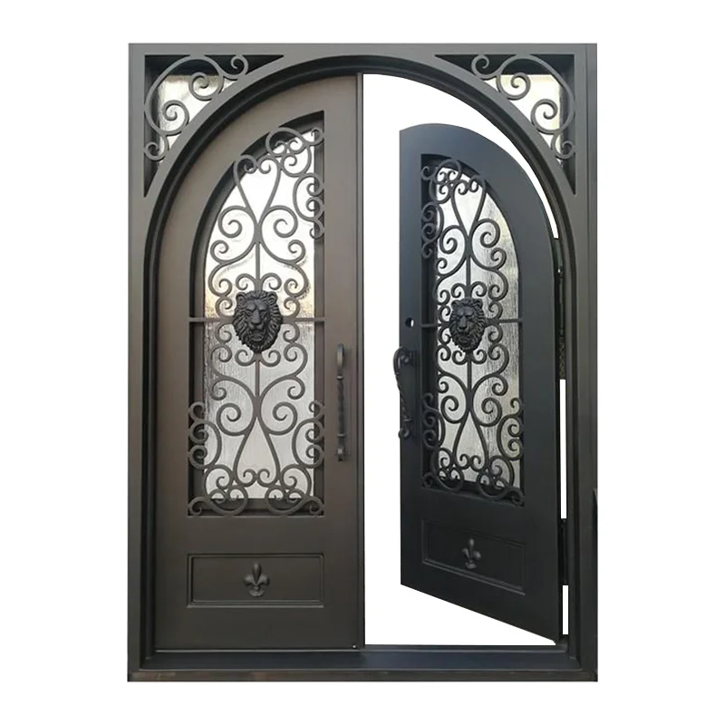 Puerta de Hierro de tamaño personalizado, Exterior de lujo, frontal de hierro forjado, vidrio templado, varios estilos, resistente y duradero, hogar