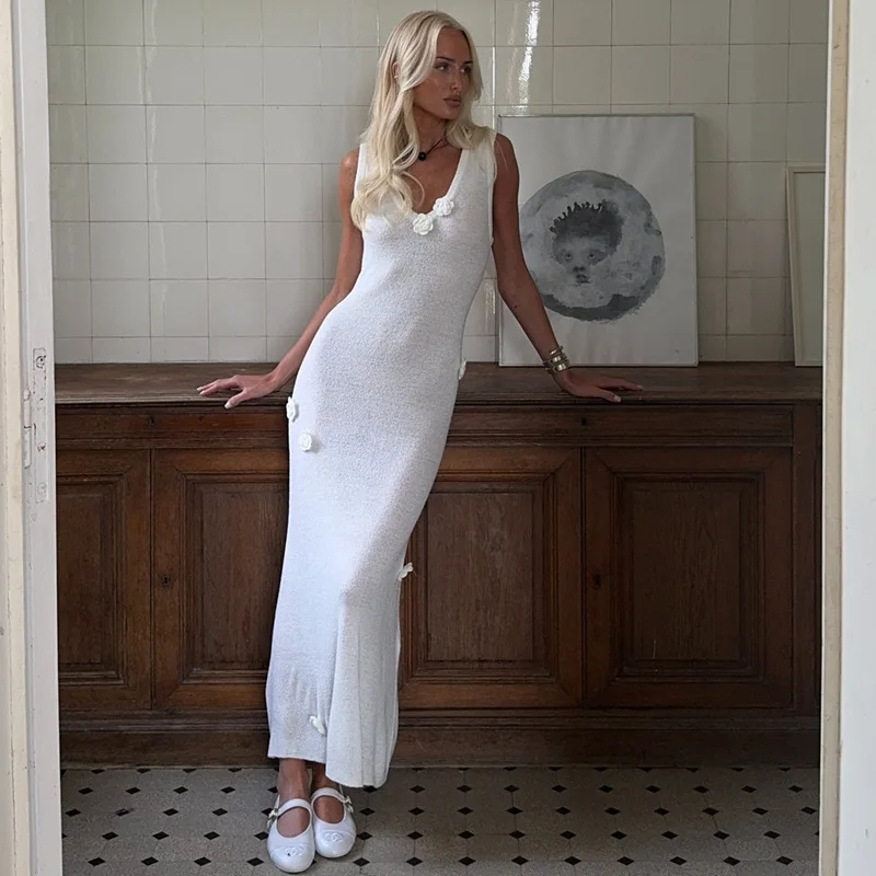 Elegant Knit Ribbed 3D Flower Long Dress Women Slim Lapel Flare Sleeve Pockets Female Dresses Female Lady Solid White Holiday Ro