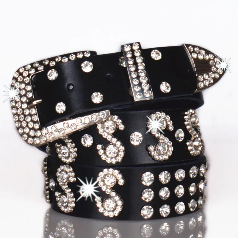 

Western S Words Rhinestone Leather Women Belt Punk Hiphop Emo Crystal Jeans Causal Pants Belt for Ladies