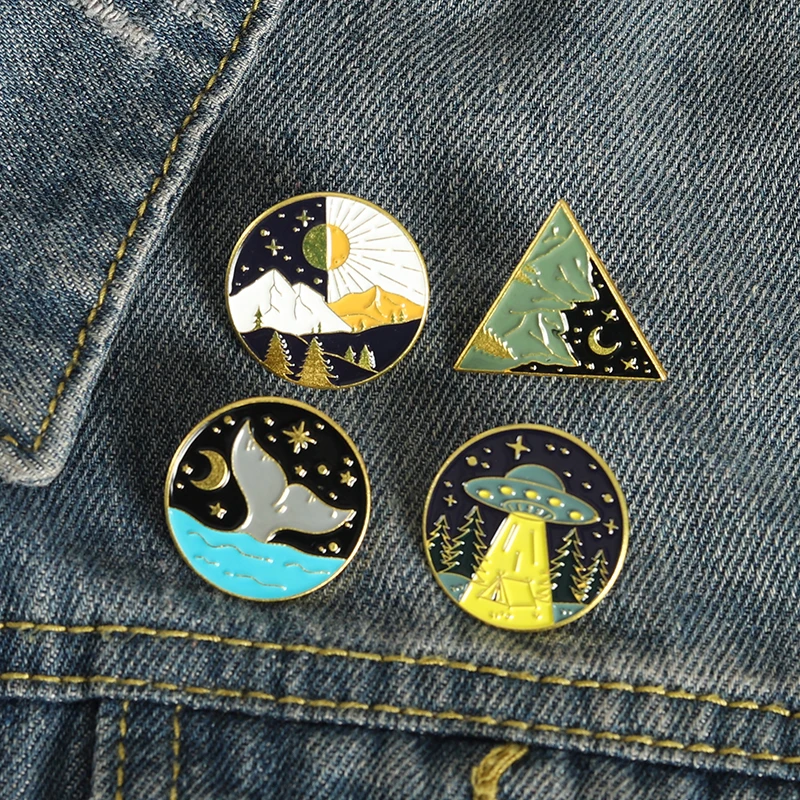 Outdoors Travel Mountain Enamel Pins Custom Ufo Ocean Shark Metal Alloy Brooches Lapel Badges Jewelry Gift for Friends Wholesale