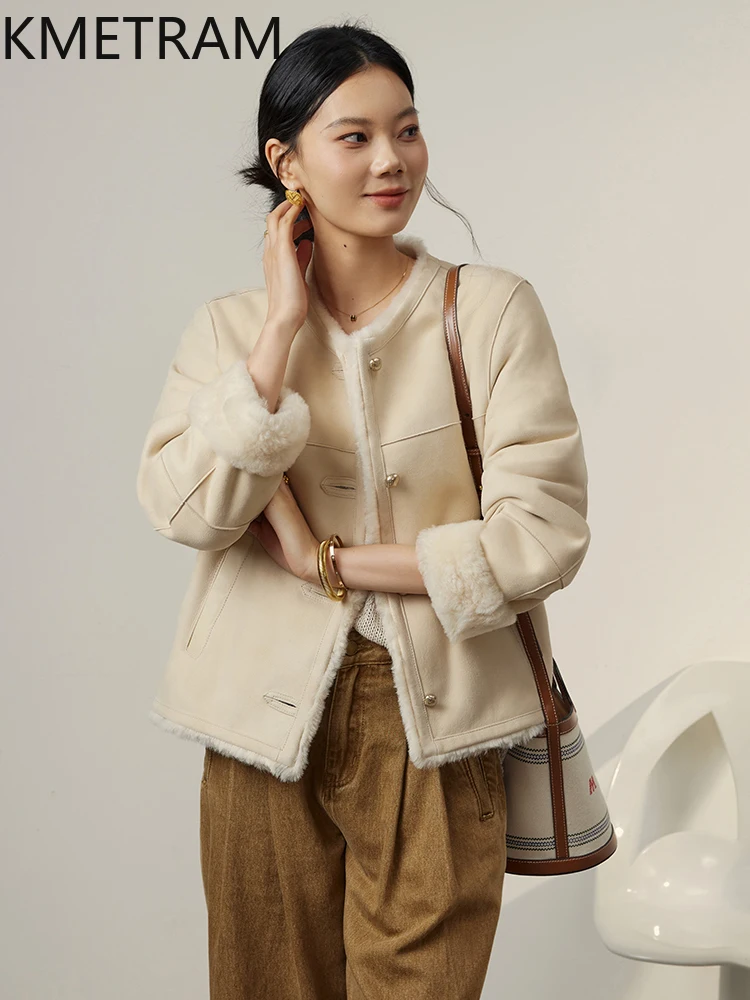 Kurtka damska z prawdziwego futra z owczej skóry merino, dwustronna, krótka, beżowa, naturalna wełna, odzież zimowa damska, futro 2025
