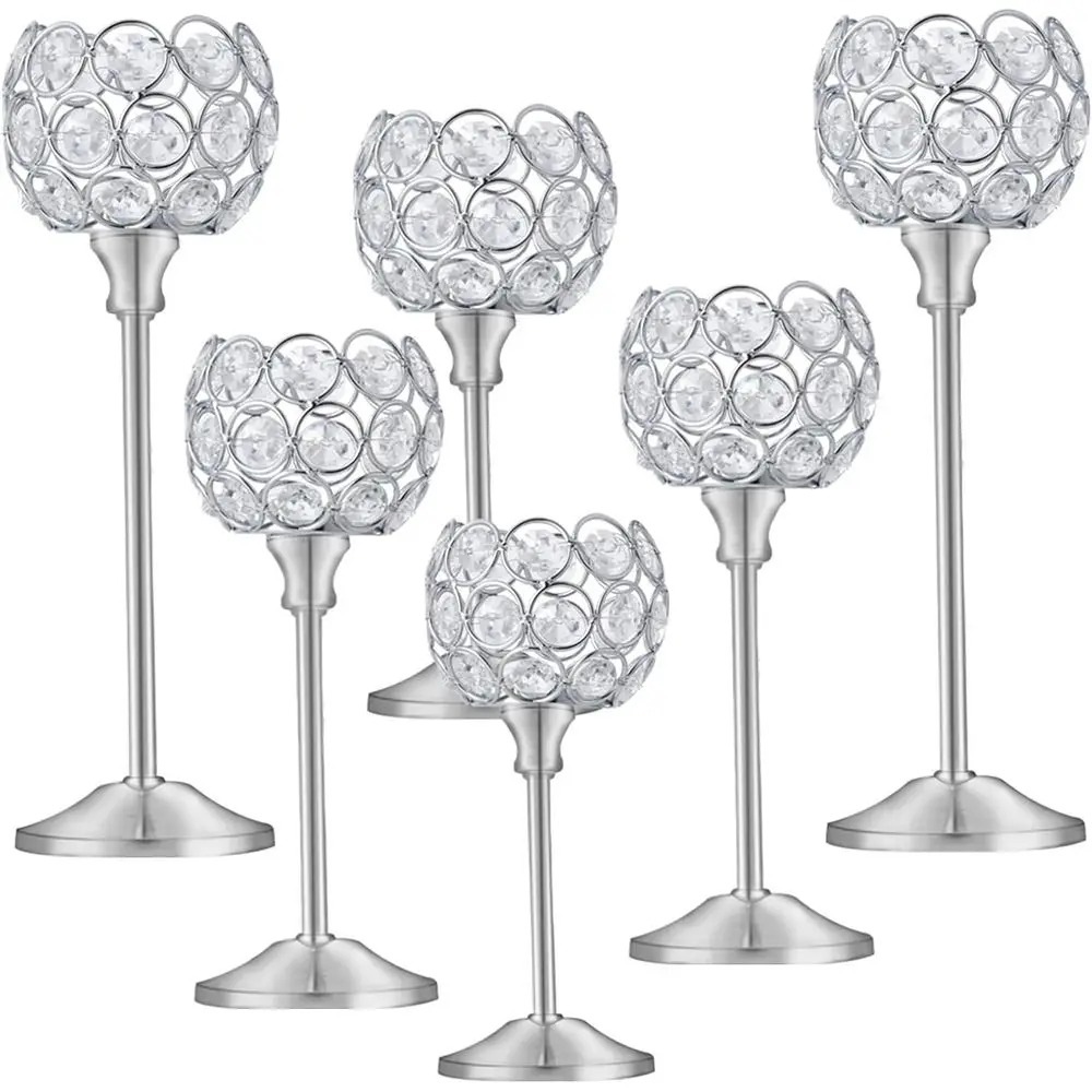 

Elegant Silver Crystal Tealight Holders, Set of 2 (6 Pieces) for Dining Table, Wedding, and Home Decor