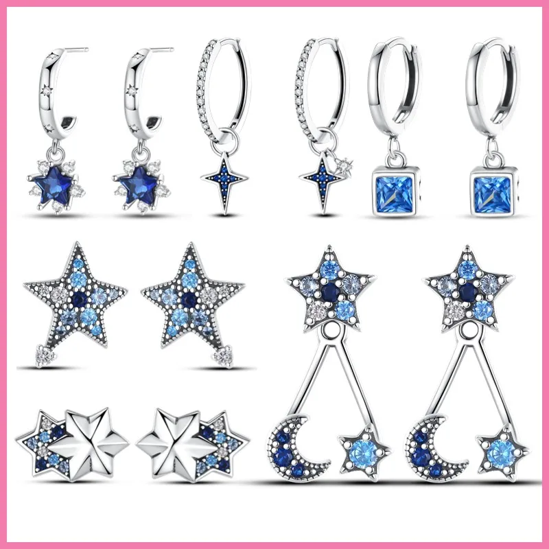 100% 925 Silver Blue Star Moon Starry Rectangular Sparkling Hoop Earrings For Women Boucles Doreilles Femme Tendance 2023