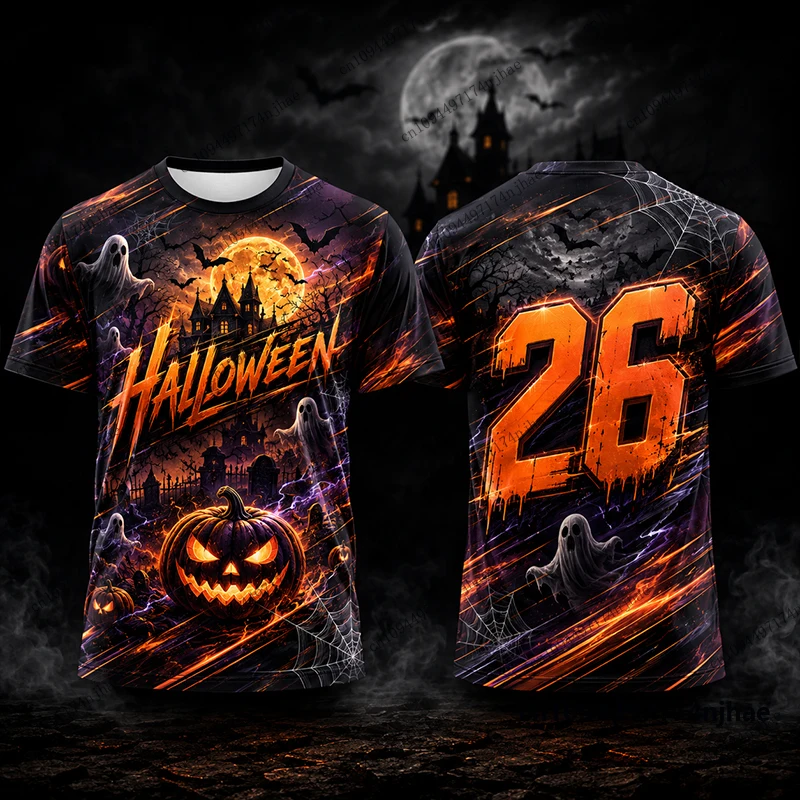 2026 Halloween Spooky Pumpkin Print Football Jersey For Men Women T-shirt Summer Sports Parent-child Tees Casual Kids Tops