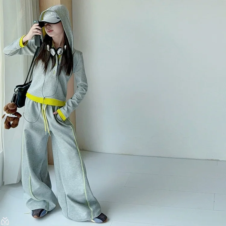 New Spring Autumn Girls Outfit Color‑Block Fake Two‑Piece Hoodie & Wide‑Leg Pants Teen Kids Casual Sports Two‑Piece Clothing Set