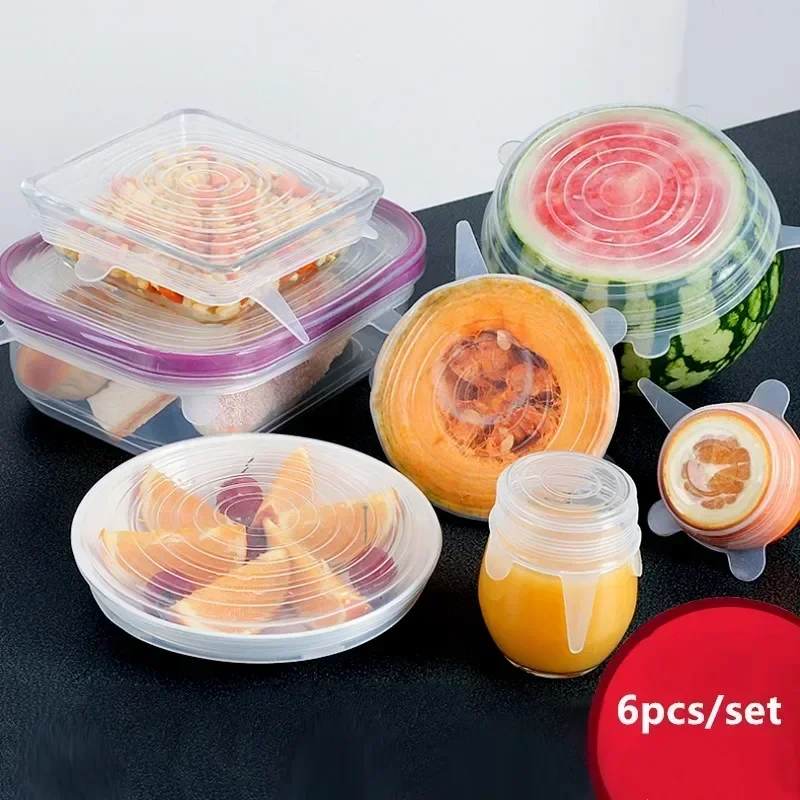 

6pcs/set Reusable Silicone Seal Food Fresh Keeping Wrap Household Kitchen Tools Universal Silicones Wraps Stretching Seals Lid