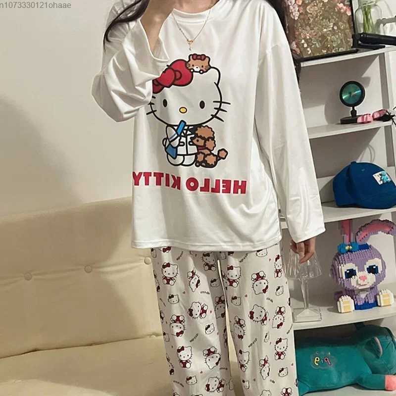 Kawaii Sanrio Hello Kitty Pajamas Pochacco Anime Cartoon Students Autumn Winter Polyester Long Sleeved Girls Nightwear Gift