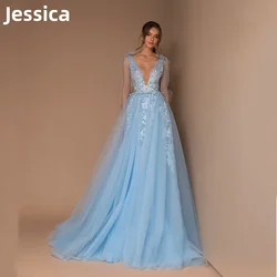 Jessica Lace Appliqué Prom Dresses Light Blue Deep V-neck Tulle Evening Dress Dinner Formal Occasion Party Dresses فساتين السهرة