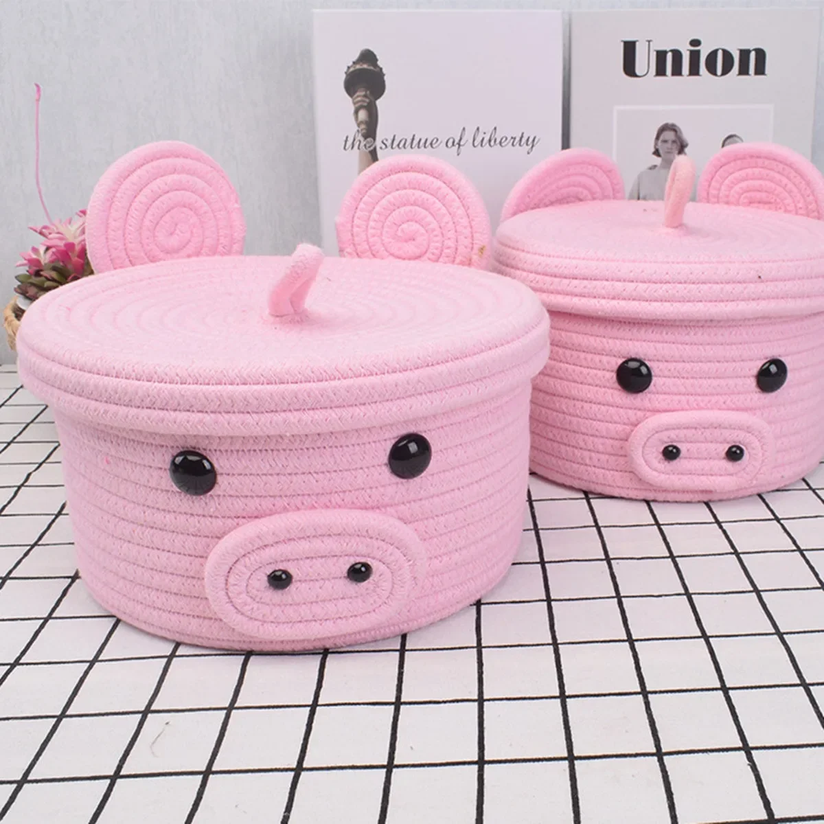 Cartoon Pig Woven Storage Basket Homehouse Kids Toys Desktop Organizer Dustproof Case Large Capacity Sundries Deposit Box Items