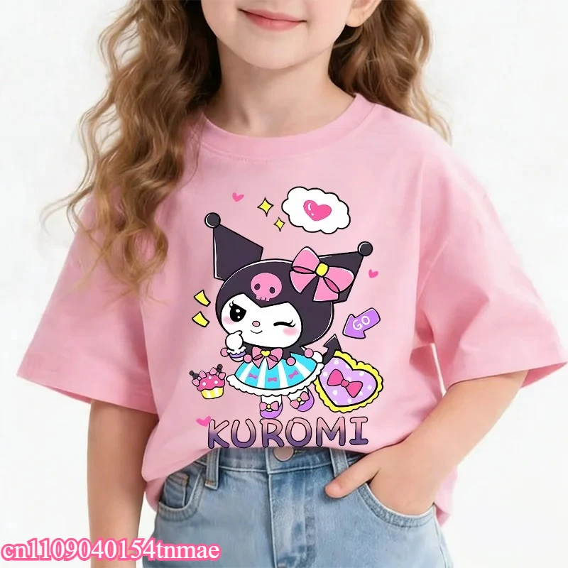 

2026 Kuromi T-Shirt Cute Cartoon Little Girls T-Shirt 3-14Yrs O Neck Short Sleeve Cat Print Casual Summer Top for Comfy