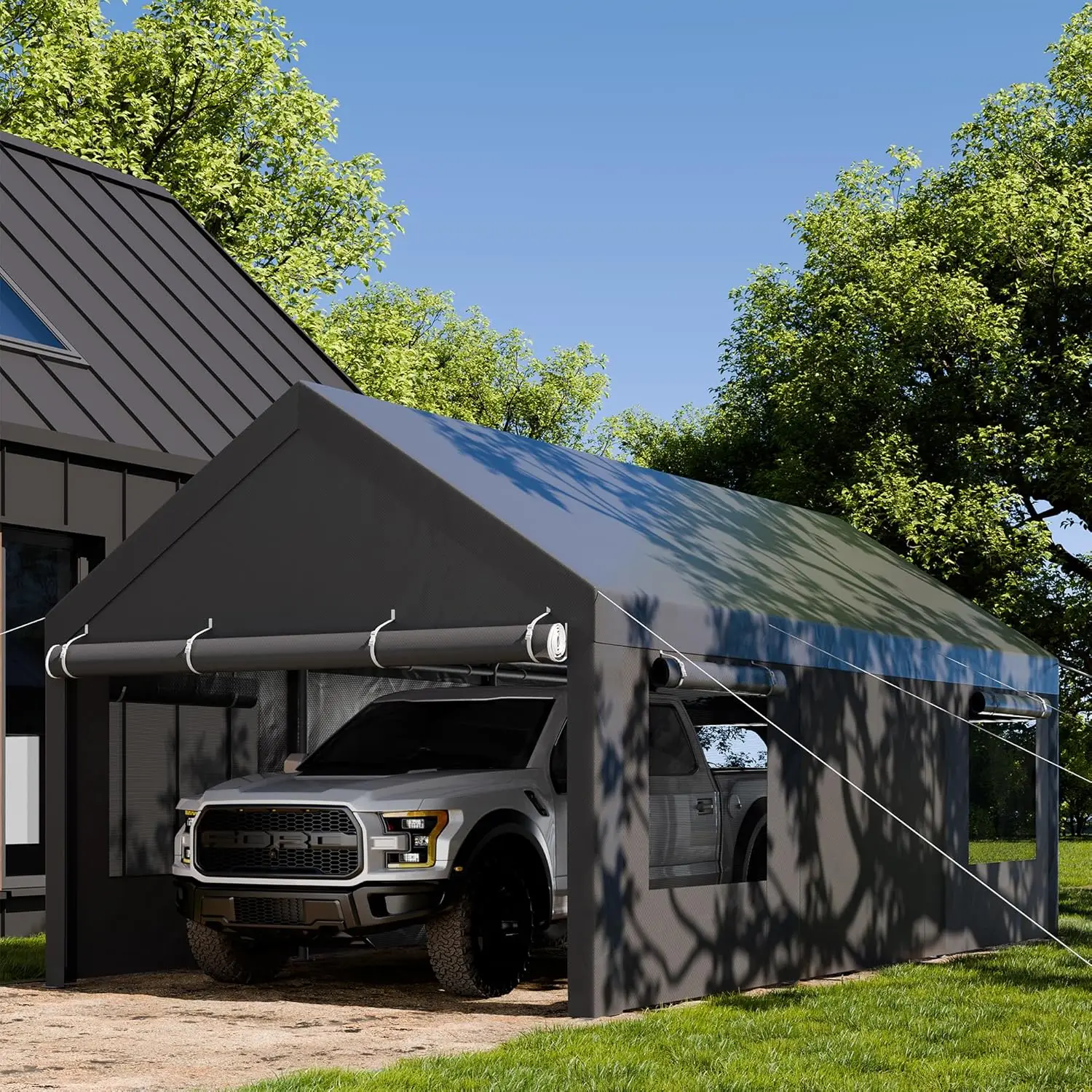 JAMFLY Carport, 10x20 ft Heavy Duty Car Canopy with Roll-up Windows, Portable Garage with Removable Sidewalls & Doors, Car