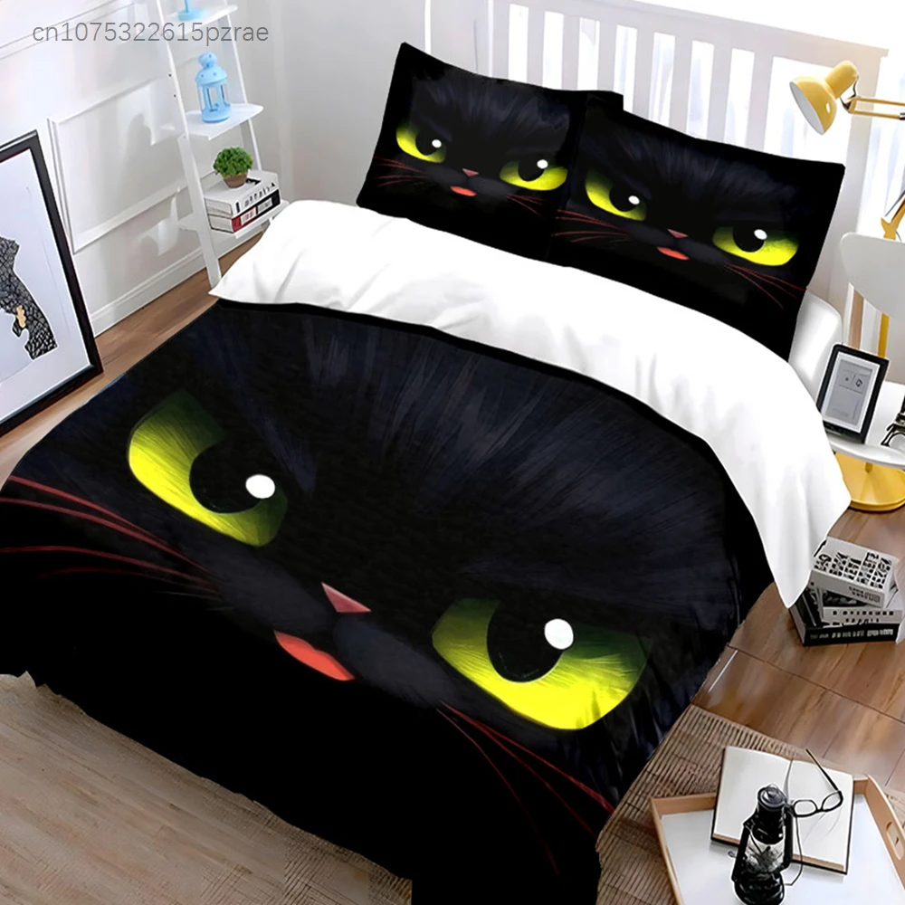 黒猫デザイン3点セット-複数サイズ展開-子供と大人の寝室用-高級3点寝具セット、ギフト