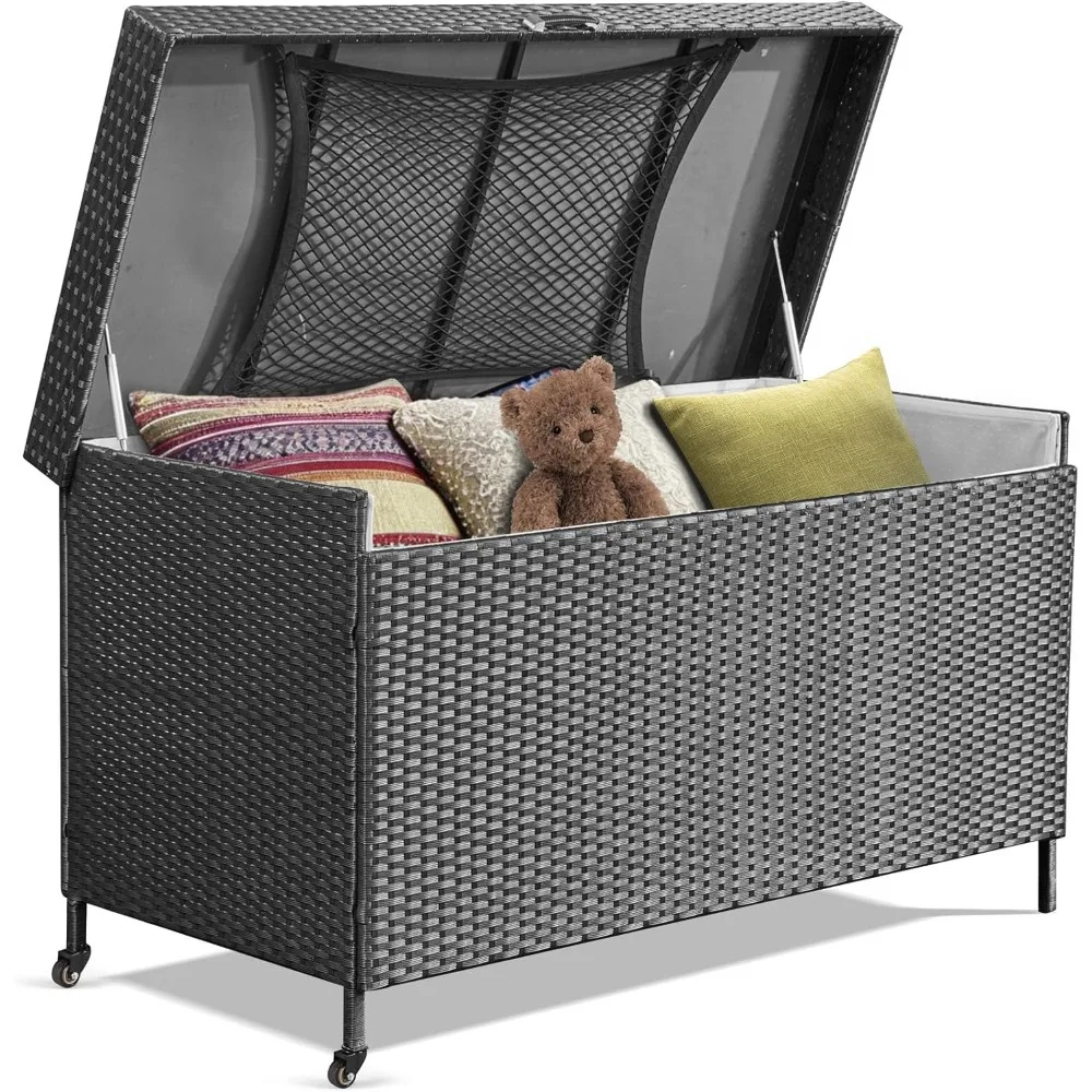 

240 Gallon Wicker Deck Box, Extra Large All-Weather Outdoor Storage Box, Garden Deck Container with 2 Universal Wheels & Hinged