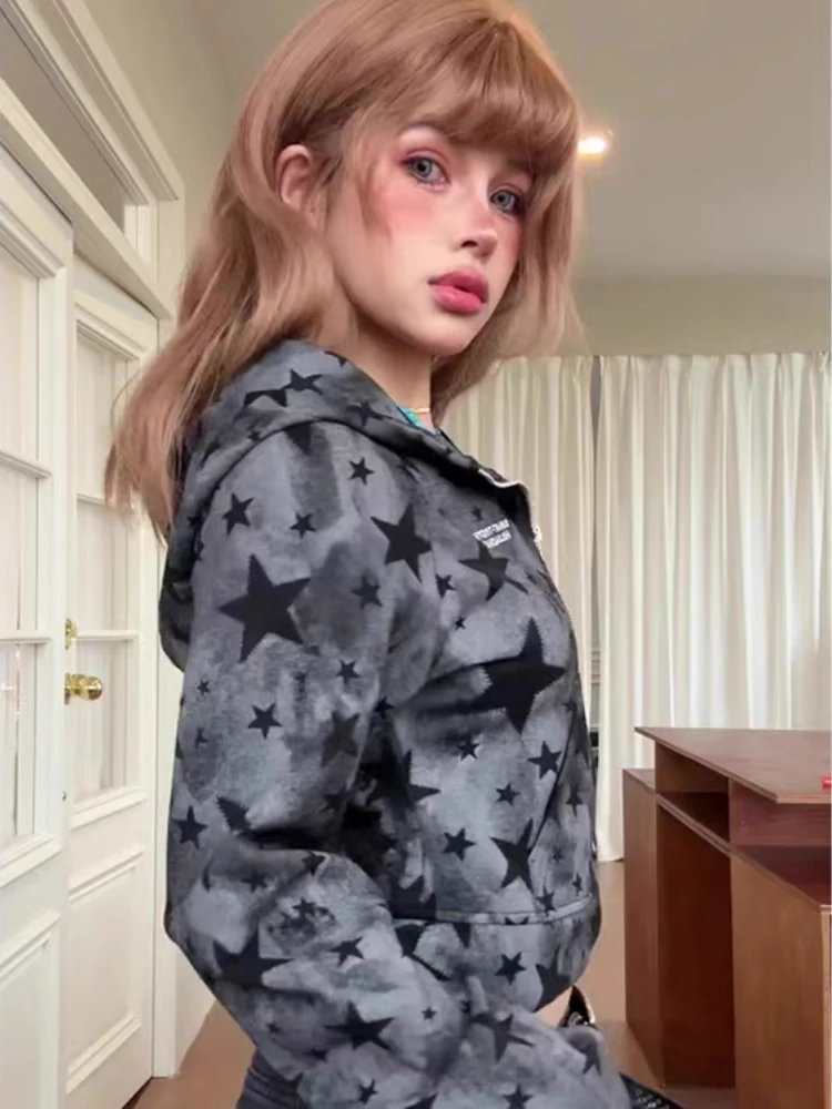 Frauen American Retro Star Print Jacke Süße Hot Girl Kurze Hoodie Herbst Winter Y2k Harajuku Street Fashion Mit Kapuze Sweatshirt