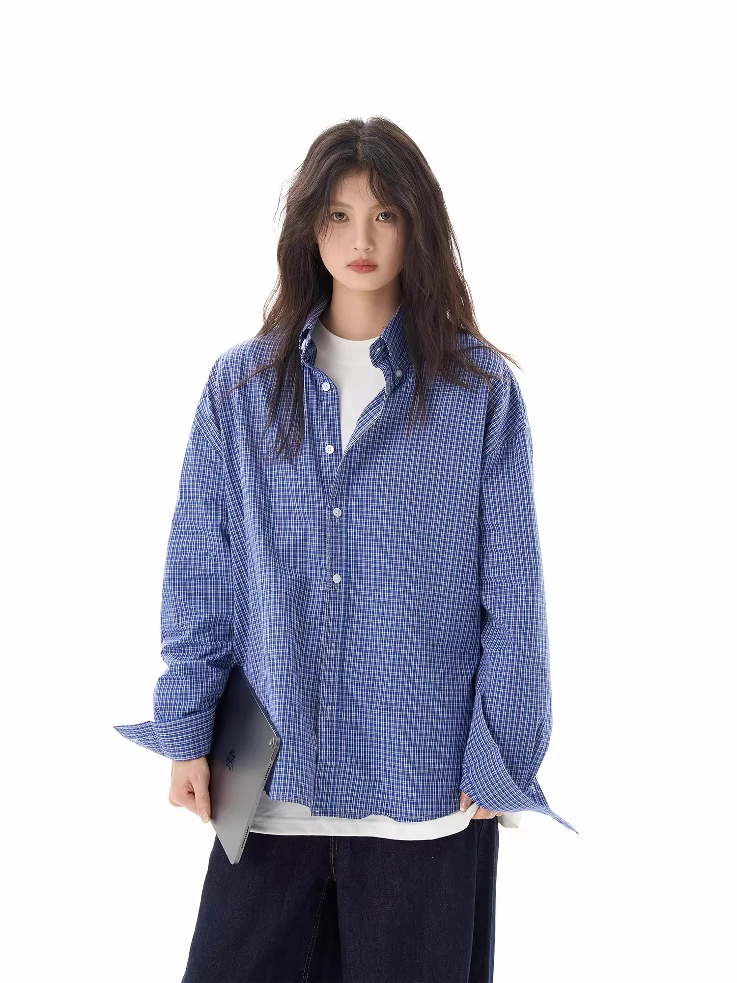 

Retro American Blue Plaid Long Sve irt Loose Fit ex Spring Autumn Casual Sle Couple's Outerwear Trendy Clothing
