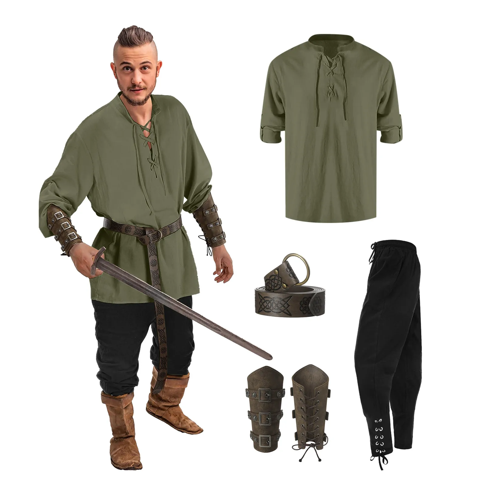 Conjunto Renascentista para Homens, Camisa, Pulseiras, Cinto, Calças, Cosplay Medieval Halloween, Cavaleiro Pirata, Acessórios Viking, Conjunto 4 Pc